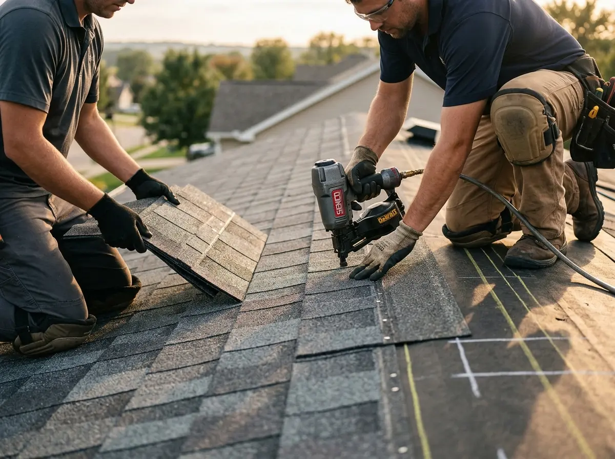 Professional roofer working on a residential roof in Haddonfield